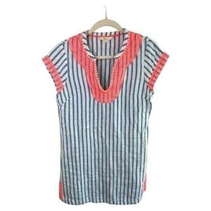 Boden Navy and White Striped Mini Dress with Coral Trim